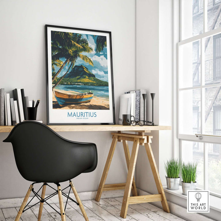 Mauritius travel poster showcasing tropical boat scene in bright colors, enhancing interior decor with island vibes.