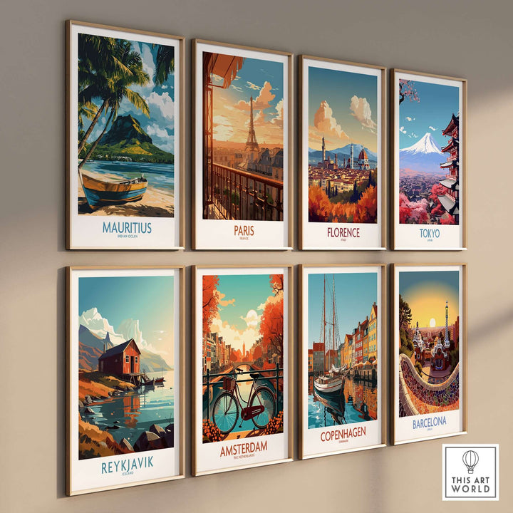 Collection of vibrant travel posters featuring Mauritius, Paris, Florence, Tokyo, Amsterdam, Copenhagen, Reykjavik, and Barcelona.