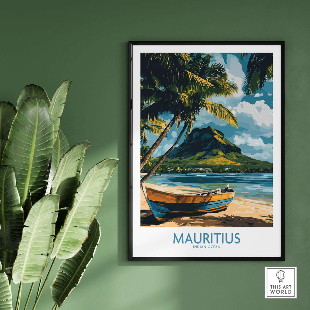 Mauritius travel poster featuring tropical boat scene and lush palm trees, perfect wall art for beach lovers.