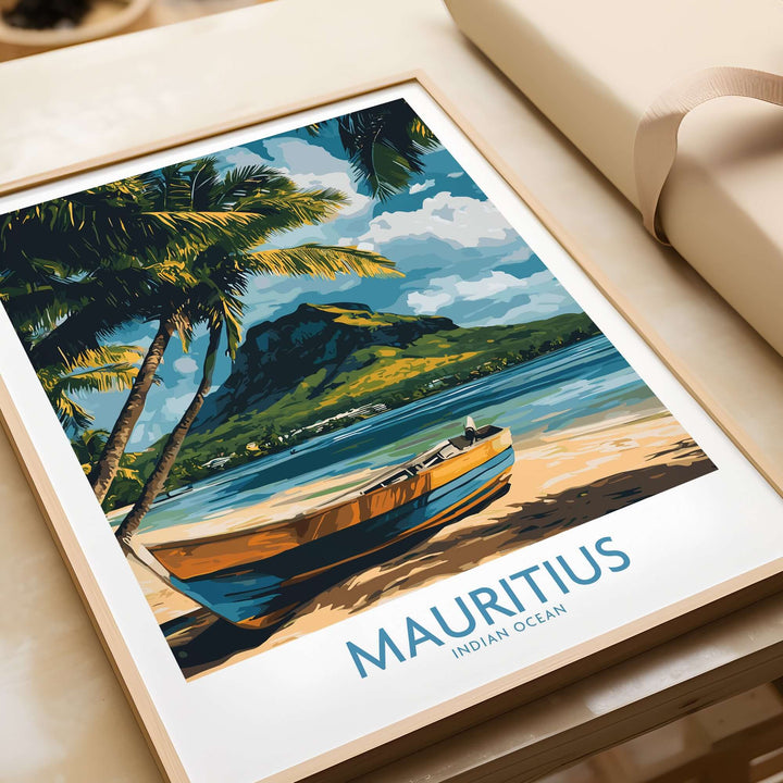 Mauritius travel poster featuring a tropical boat scene with palm trees and vibrant ocean views.
