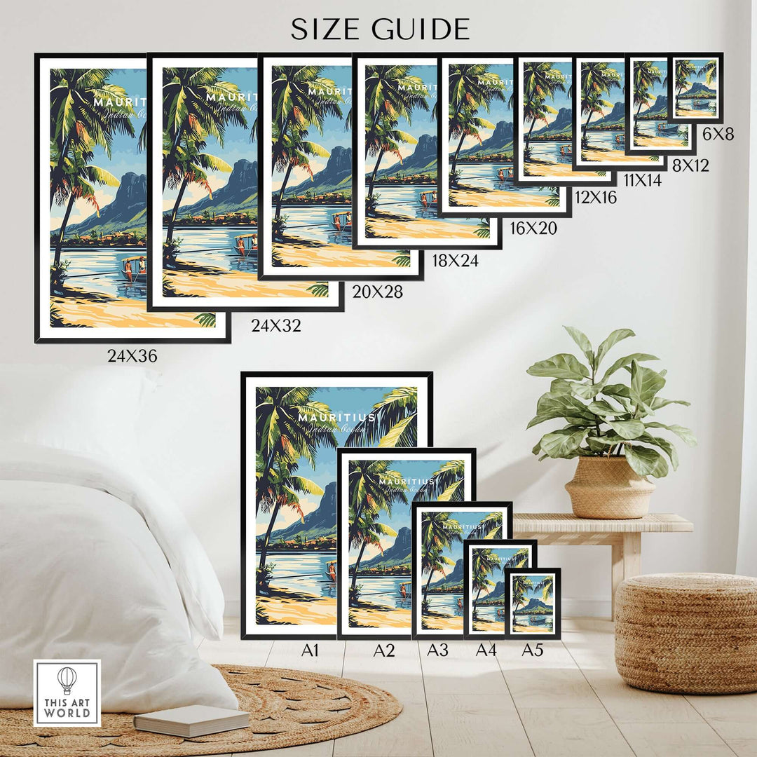 Size guide for Mauritius travel art posters featuring a scenic beach view and various frame dimensions.