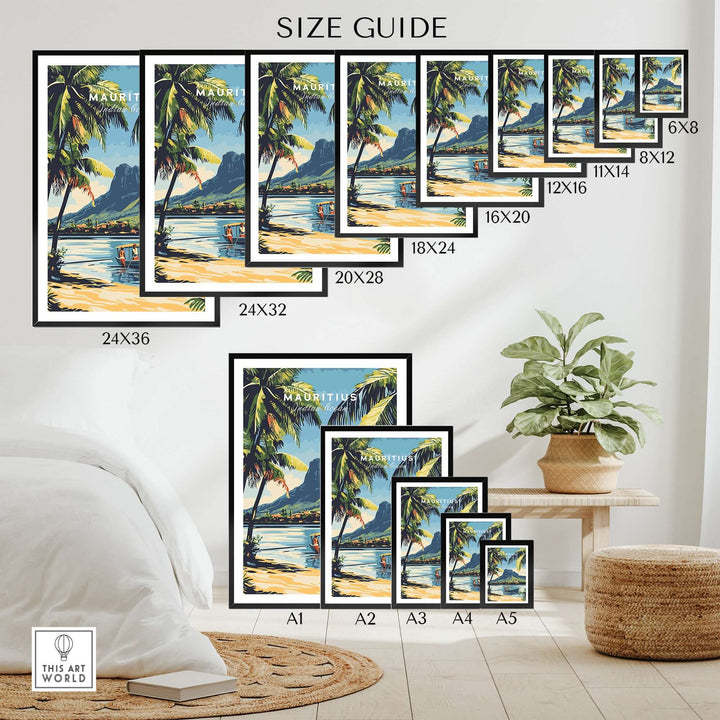 Size guide for Mauritius travel art posters featuring a scenic beach view and various frame dimensions.