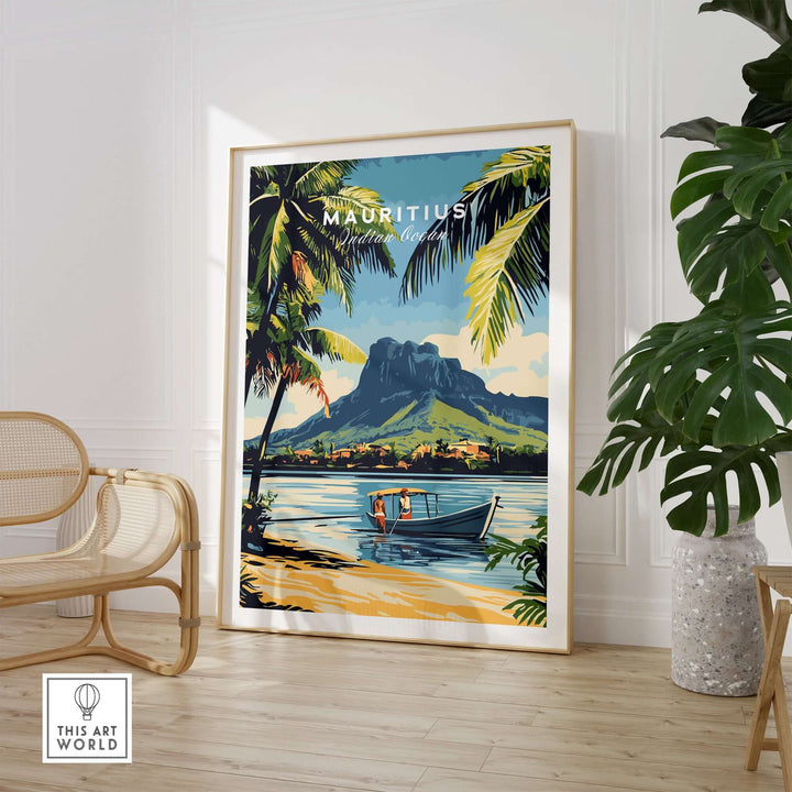 Mauritius travel art poster featuring a scenic boat ride and vibrant coastal landscape.
