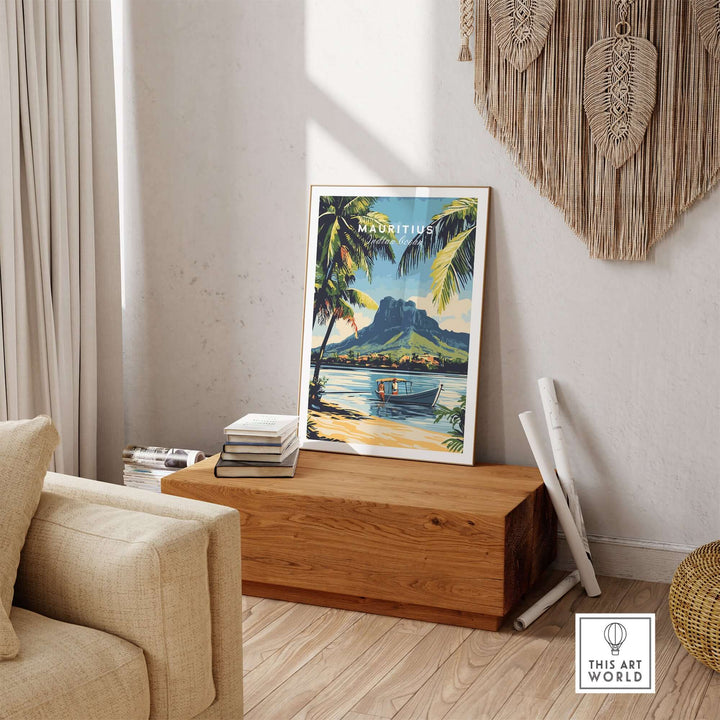 Mauritius travel art poster print showcasing a scenic boat ride and palm trees in an island getaway setting.