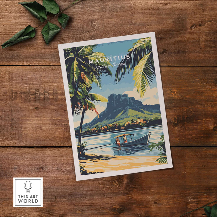 Mauritius travel art poster print featuring a scenic boat ride and tropical palm trees, evoking island getaway vibes.