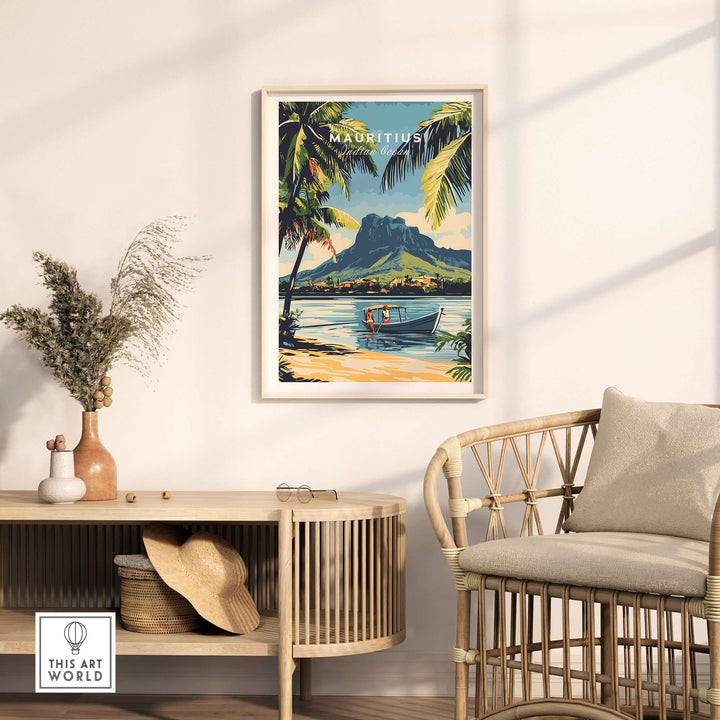Mauritius travel art poster featuring a scenic boat ride amidst tropical palm trees and mountains.