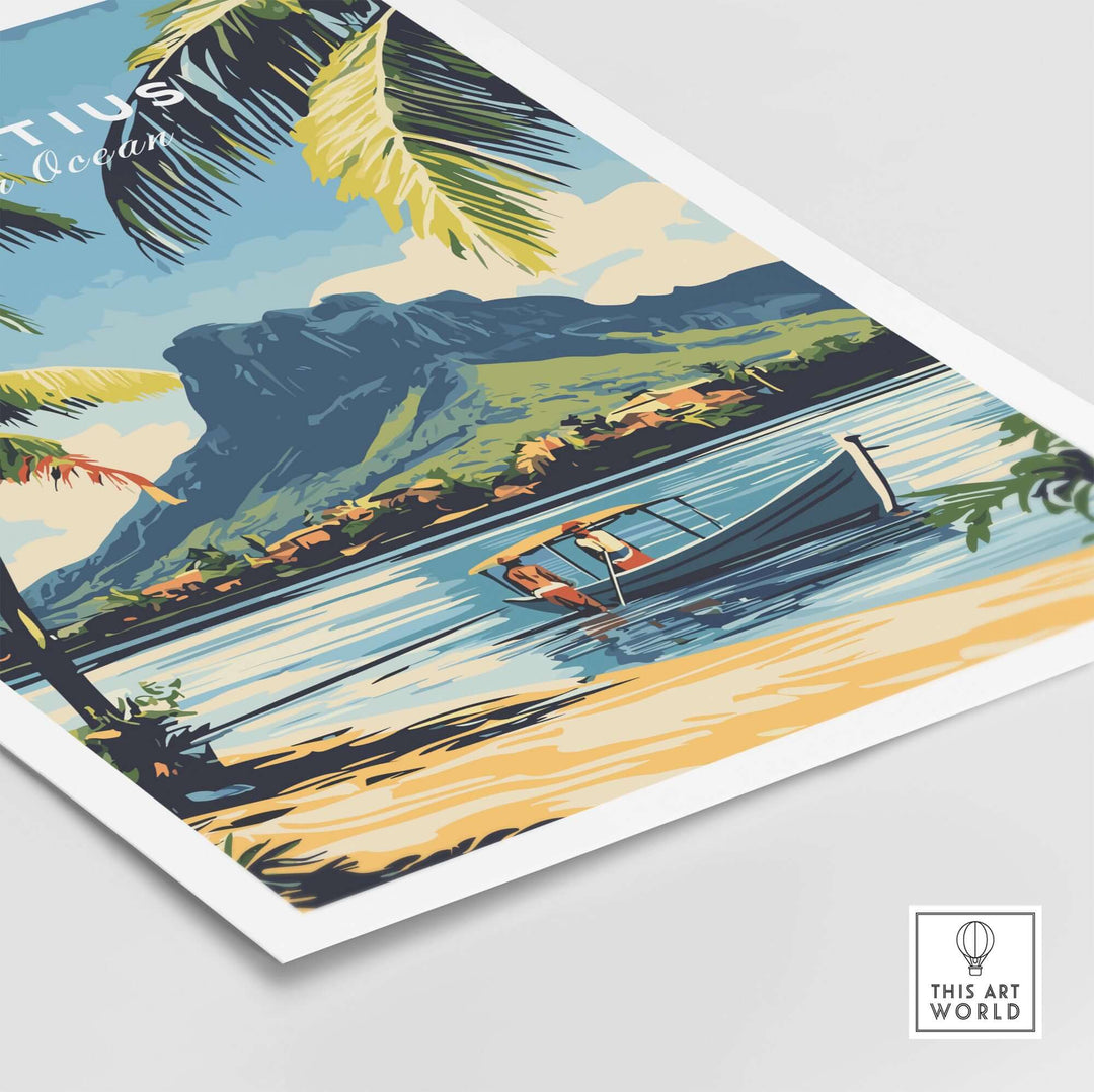 Vibrant Mauritius travel art poster featuring a scenic boat ride and lush landscape in the Indian Ocean.