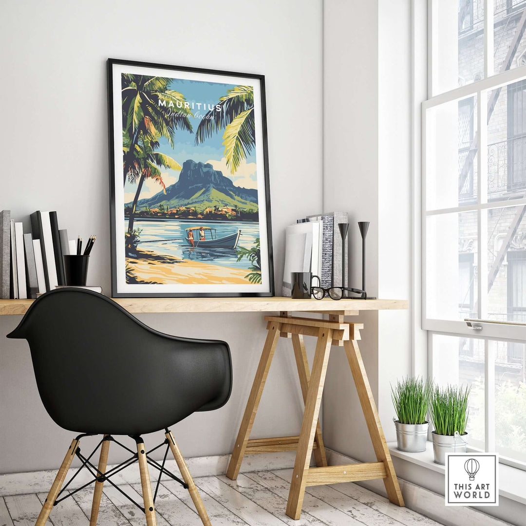 Mauritius travel art poster featuring a scenic boat ride, palm trees, and vibrant Indian Ocean beauty in a modern workspace.