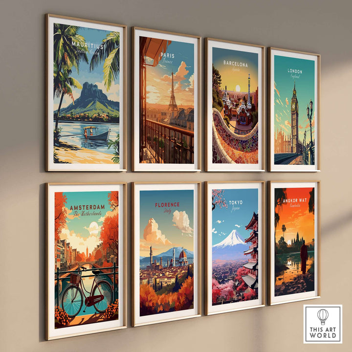 Colorful travel art posters featuring iconic cities like Mauritius, Paris, and Tokyo arranged in a gallery wall display.