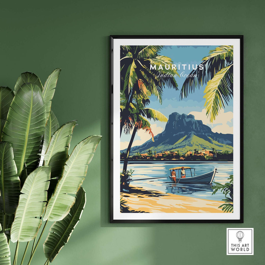 Mauritius travel art featuring a scenic boat ride with palm trees and mountains in an island getaway poster print.