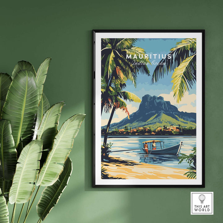 Mauritius travel art featuring a scenic boat ride with palm trees and mountains in an island getaway poster print.