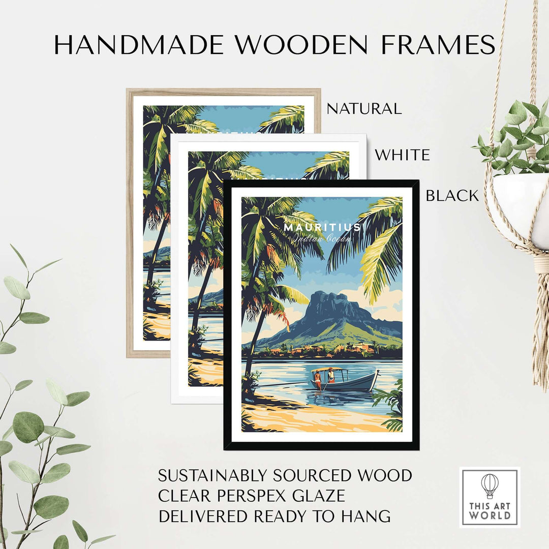 Handmade wooden frames in natural, white, and black styles for Mauritius travel art poster print.
