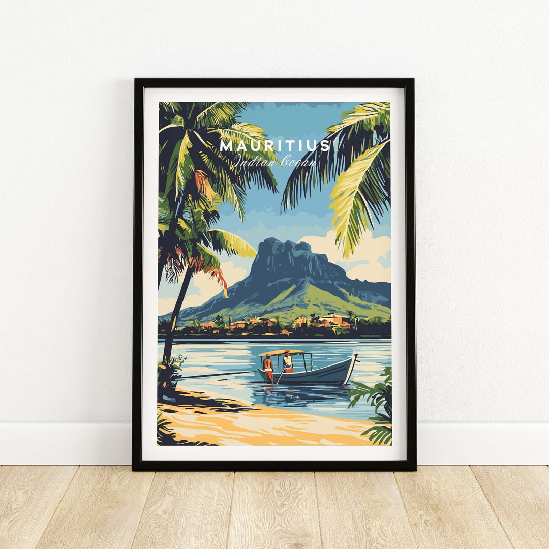 Mauritius travel art poster featuring a scenic boat ride and lush palms, depicting an island getaway.