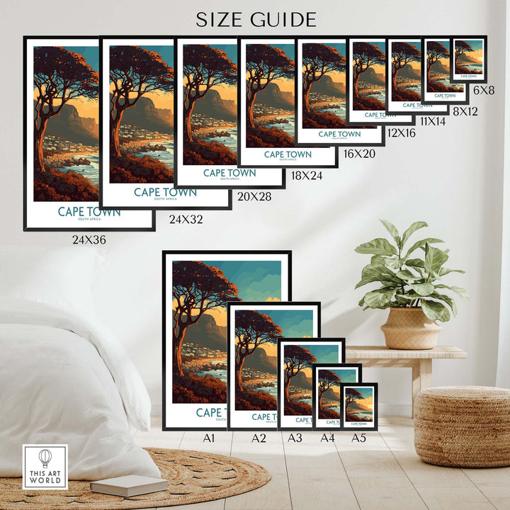 Size guide for Cape Town poster prints, displaying various frame dimensions and styles for home decor.