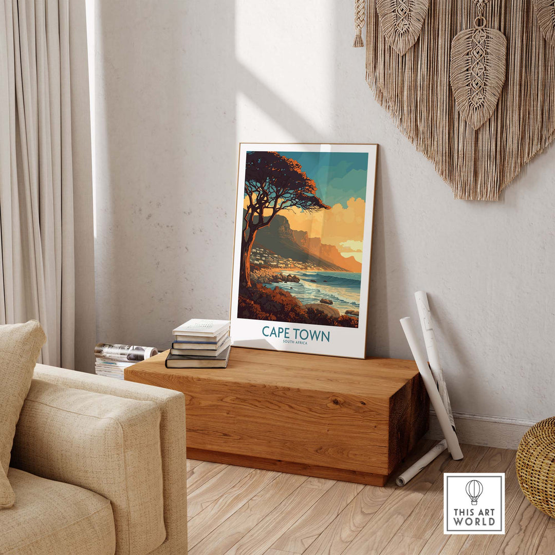 Cape Town poster featuring serene Camps Bay, styled in a cozy living room setting with natural decor elements.