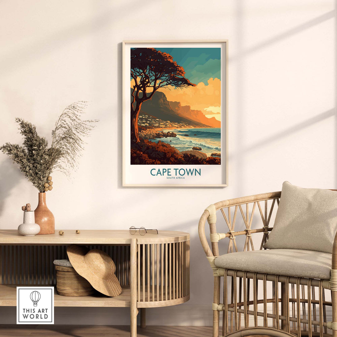 Cape Town poster featuring Camps Bay, stylish home decor in a contemporary living room setting.