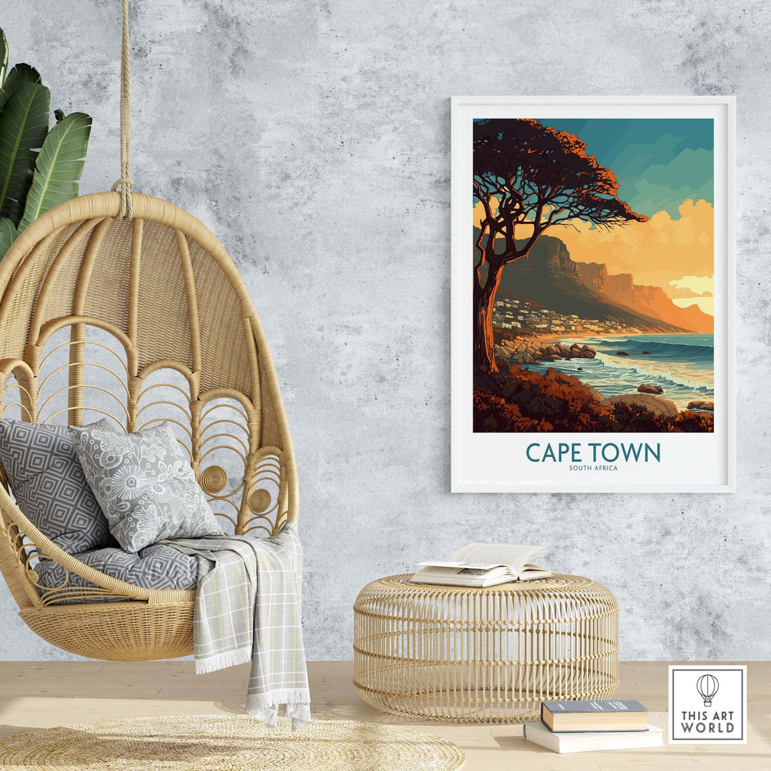 Cape Town poster featuring serene Camps Bay, styled in a cozy home setting with a hanging chair and decor elements.