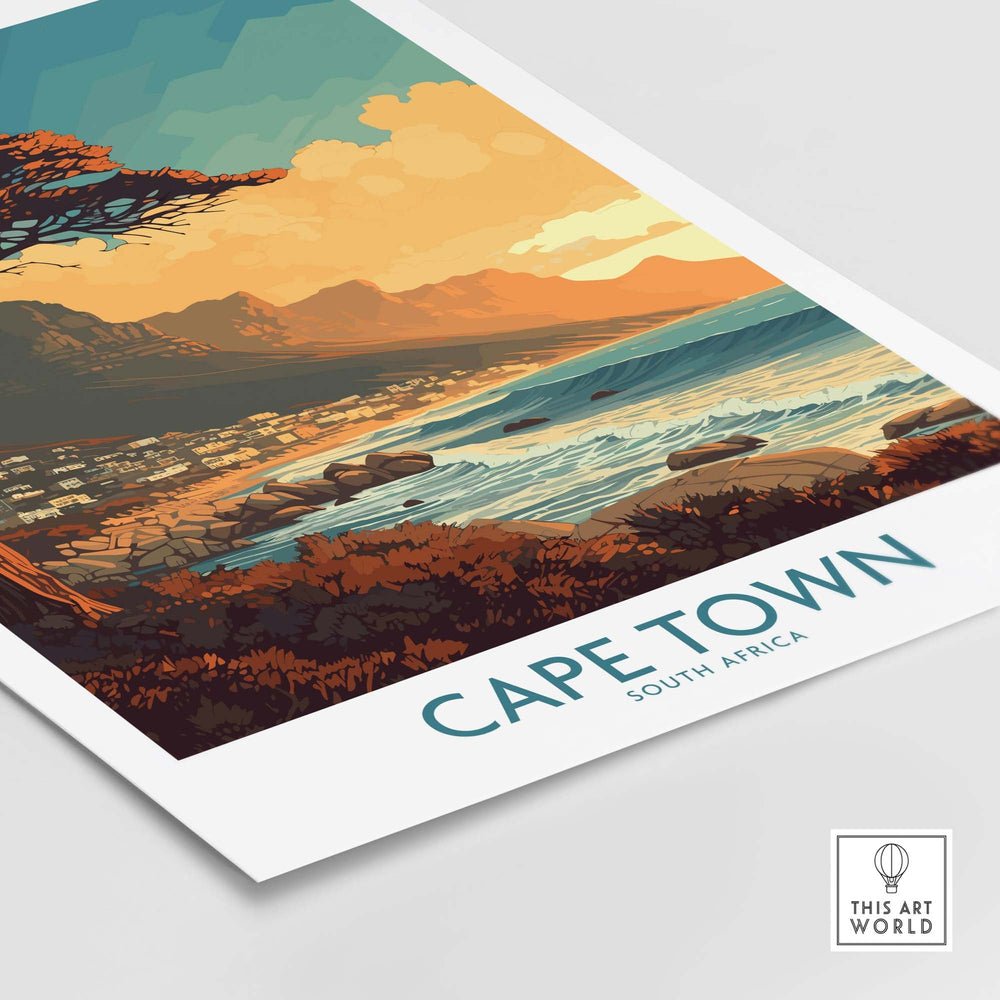 Cape Town poster featuring Camps Bay, showcasing a vibrant sunset over the ocean, perfect for home decor or gifts.