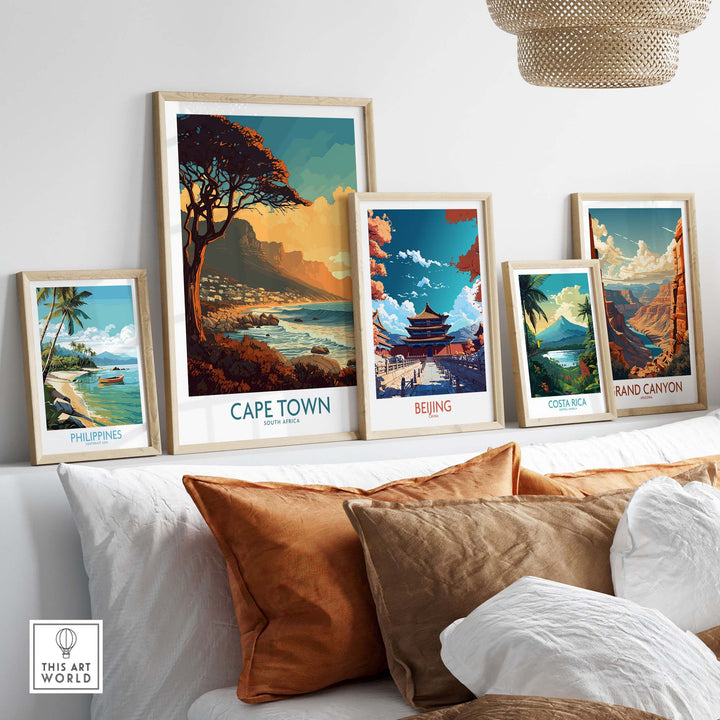 Framed Cape Town poster among travel prints of Beijing, Philippines, Costa Rica, and Grand Canyon, showcasing stylish home decor.