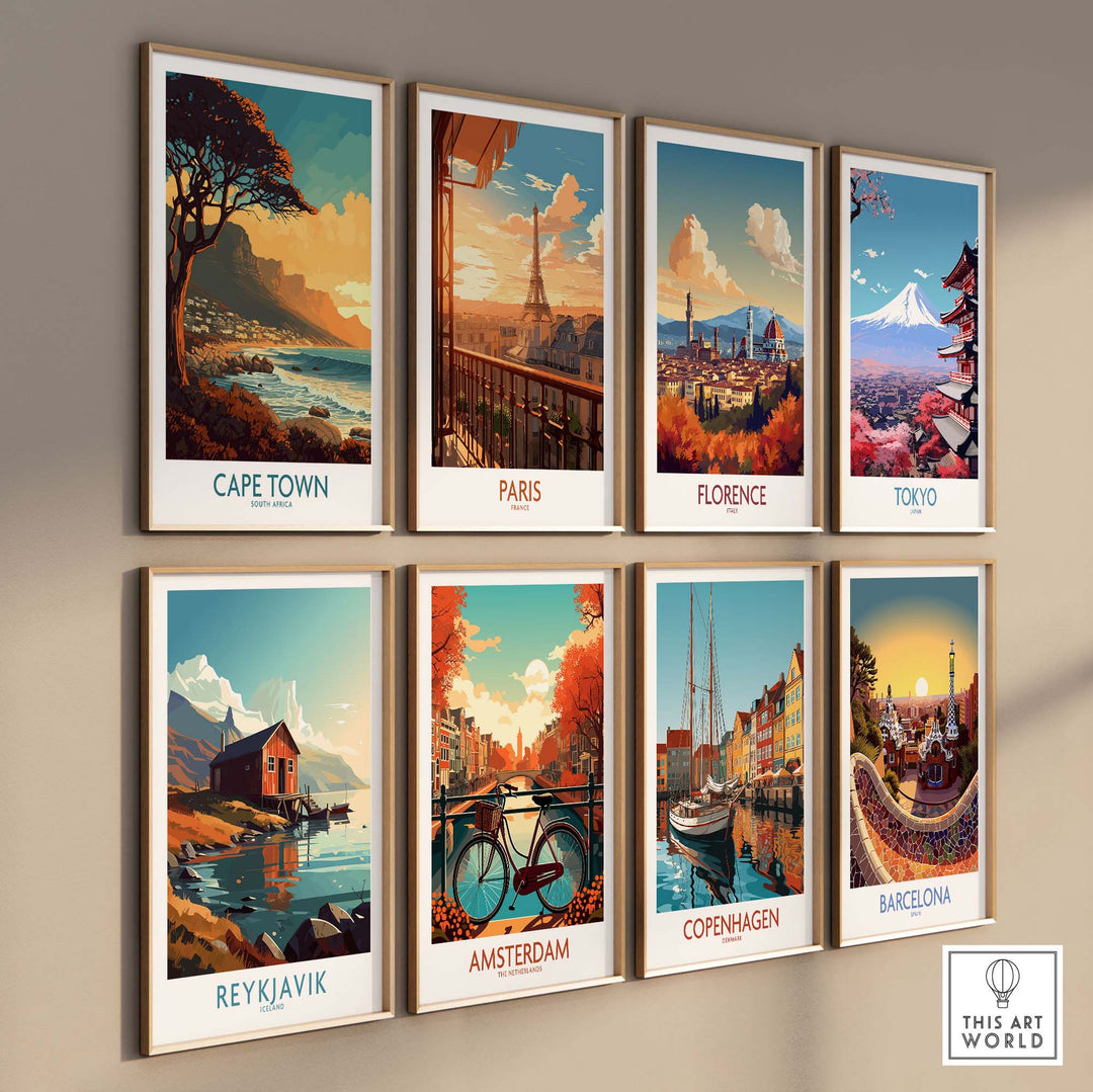 Collection of travel posters featuring Cape Town, Paris, Florence, Tokyo, Reykjavik, Amsterdam, Copenhagen, and Barcelona.