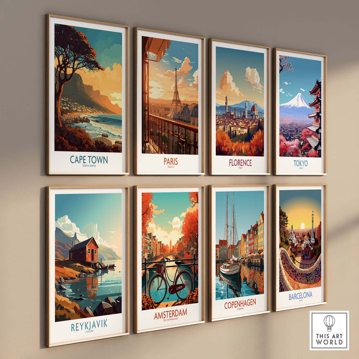 Collection of travel posters featuring Cape Town, Paris, Florence, Tokyo, Reykjavik, Amsterdam, Copenhagen, and Barcelona.