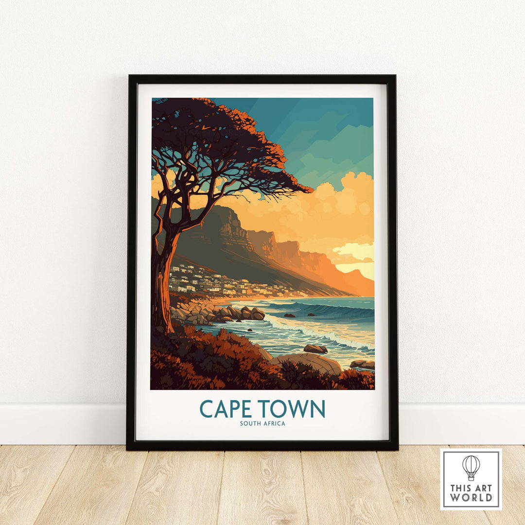 Cape Town poster featuring serene Camps Bay sunset with mountains and coastal scenery, framed for stylish home decor.