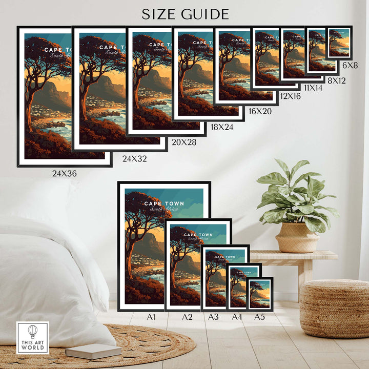 Size guide for Cape Town print showcasing various dimensions and a home decor setting with plants and rugs.