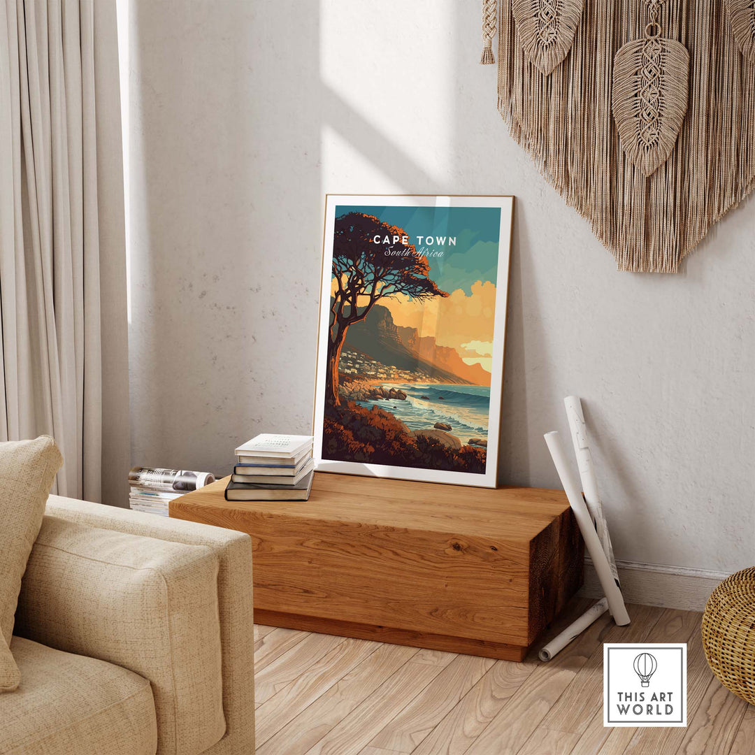 Cape Town print displayed in a stylish living room, showcasing Camps Bay and adding elegance to home decor.