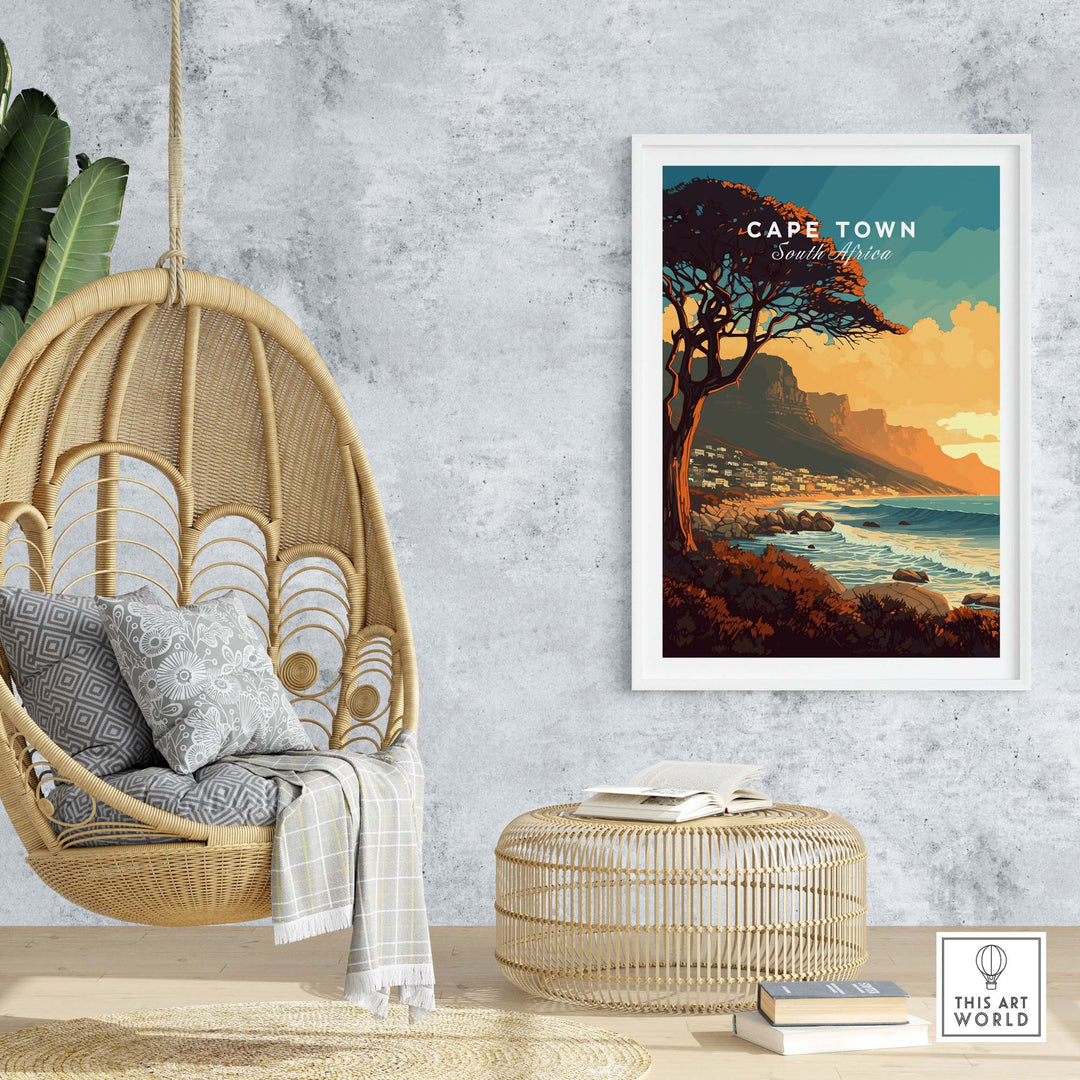Cape Town print showcasing Camps Bay beach, framed in a stylish interior setting with a hanging chair and cozy decor.