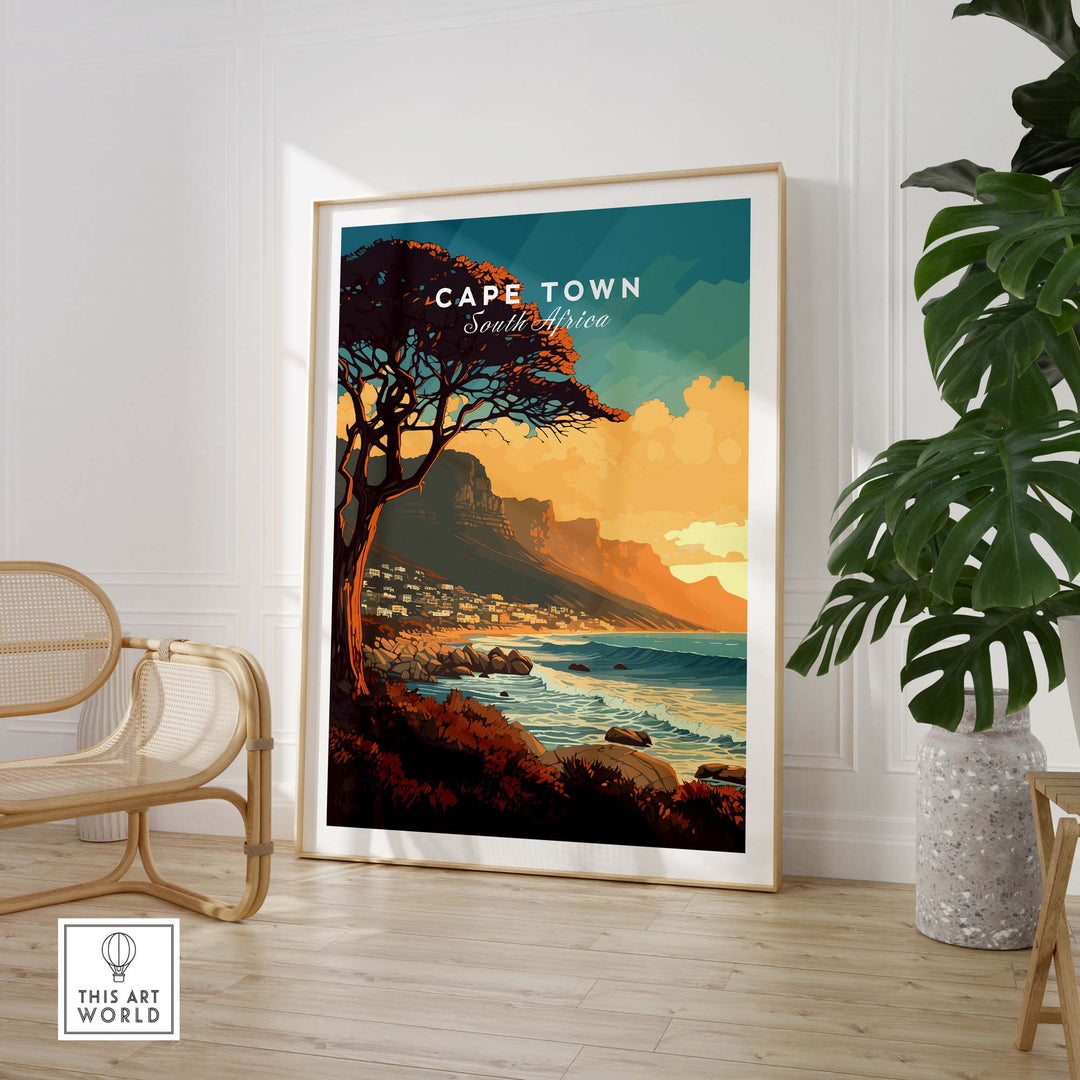 Framed Cape Town print showcasing Camps Bay and the Atlantic Ocean, ideal for home decor and gift giving.