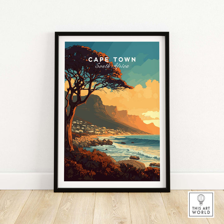 Cape Town print featuring Camps Bay, South Africa, with a scenic tree and sunset over the ocean, perfect for home decor.