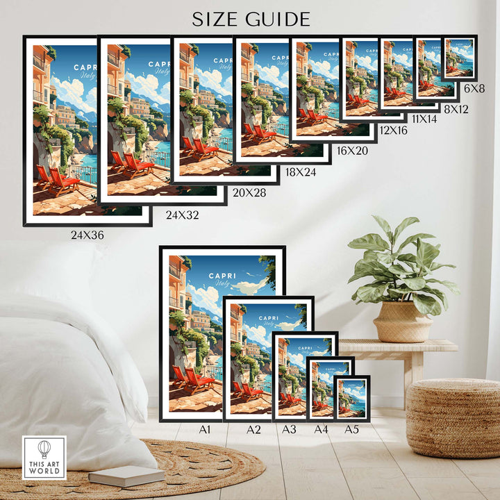 Size guide for Capri Italy poster print showcasing multiple frame sizes and vibrant design options.