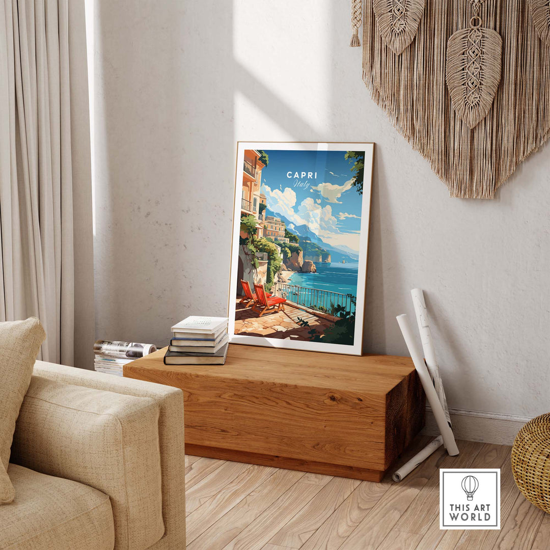 Capri Italy poster print displayed in a cozy living room, showcasing vibrant coastal scenery and Mediterranean charm.