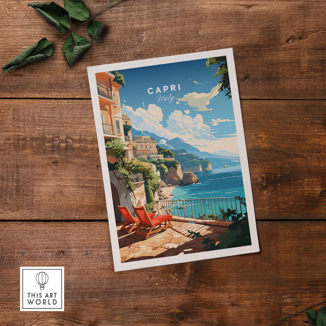Capri Italy poster print featuring vibrant coastal scenery and red lounge chairs on a sunny day.