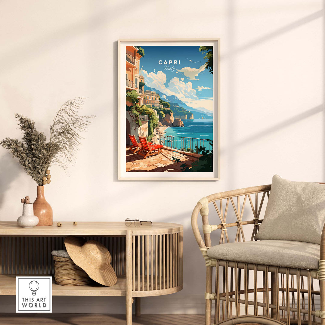 Capri Italy poster print showcasing vibrant coastal scenery, perfect for home or office decor.