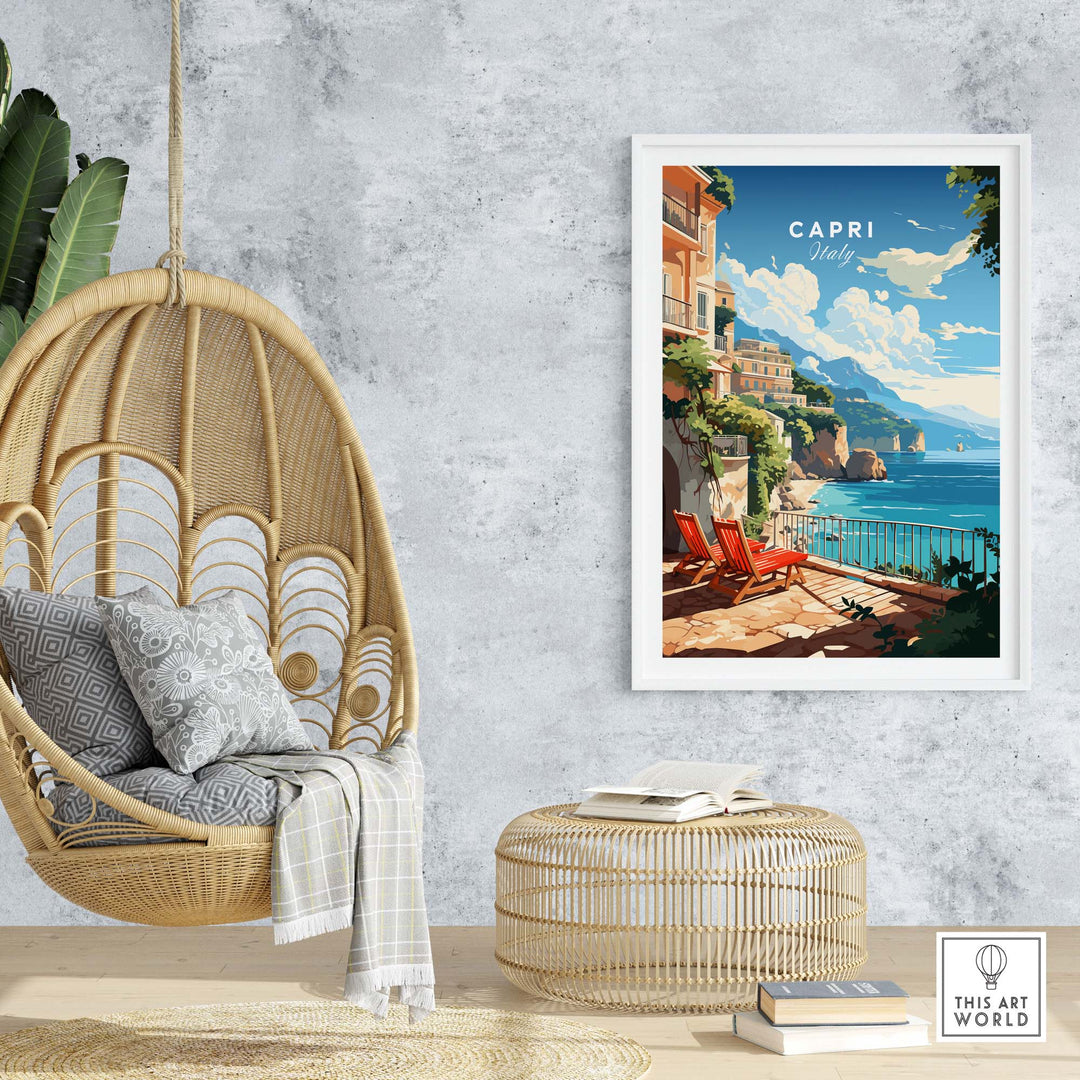 Capri Italy poster print showcased in a cozy decor setting with a hanging chair and natural elements.