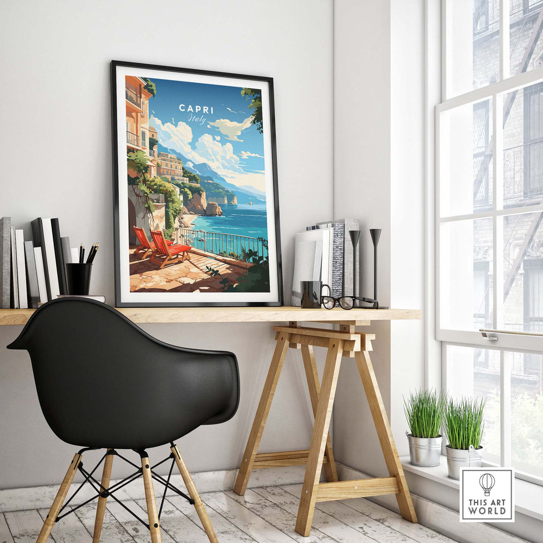 Capri Italy poster print displayed in a stylish office nook with a black chair and bright natural light.