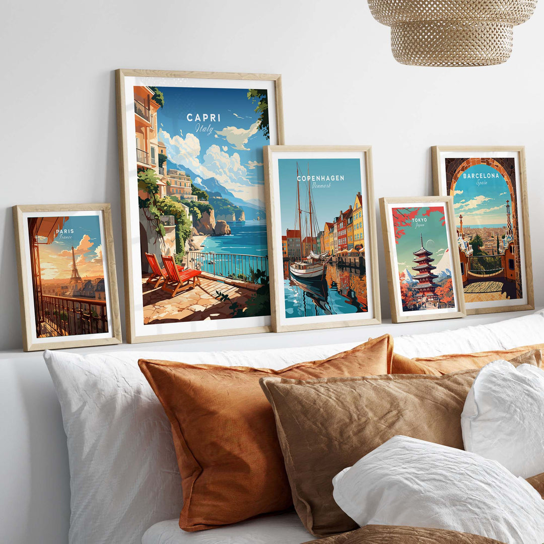 Capri Italy poster print displayed in a modern home setting with vibrant color artwork and decorative pillows.