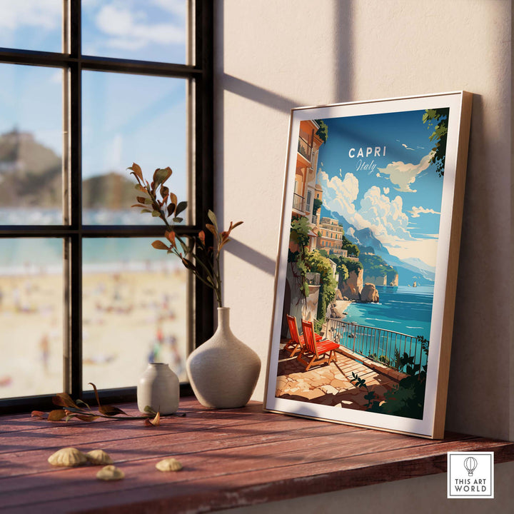 Capri Italy poster print displayed in a cozy indoor setting, capturing the coastal beauty and vibrant colors of the Mediterranean.