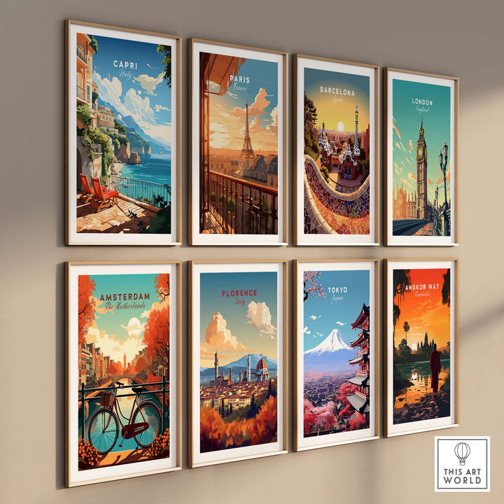 Gallery of vibrant travel posters featuring cities like Capri, Paris, Barcelona, and Amsterdam, perfect for home decor.