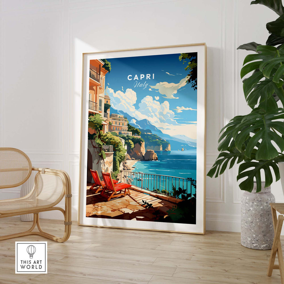Capri Italy poster print showcasing vibrant seaside scenery and Mediterranean architecture, ideal for home or office decor.