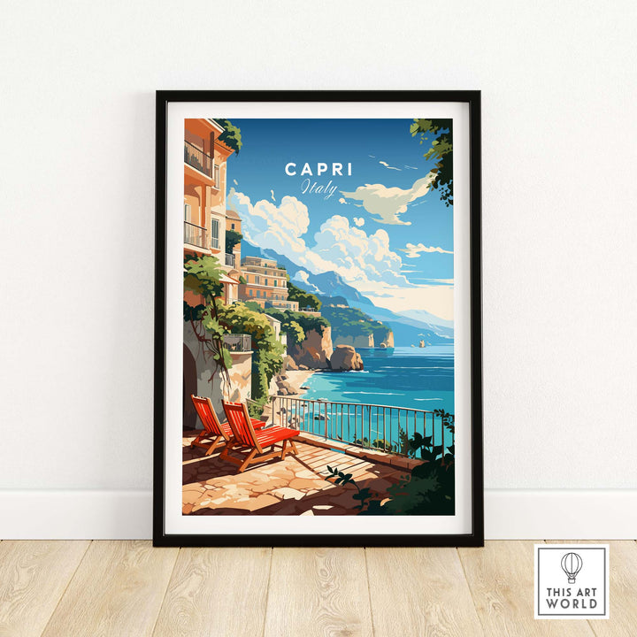 Capri Italy poster print featuring vibrant scenes of Mediterranean coast, inviting a sense of travel and beauty to your home.