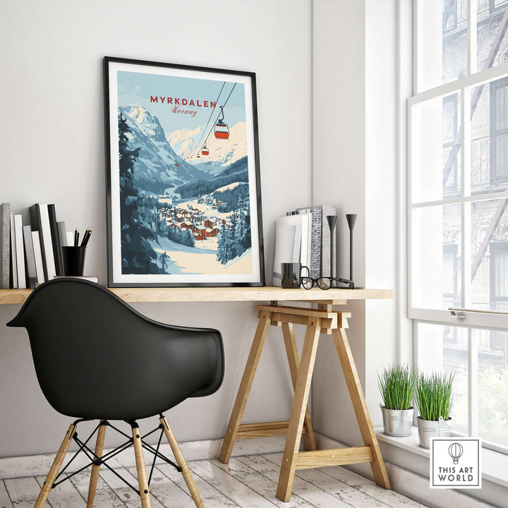 Myrkdalen ski poster showcasing snowy mountains and a ski lift, perfect for winter enthusiasts' decor.
