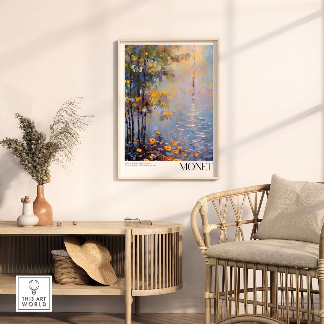 Claude Monet art print framed in a stylish living room, showcasing impressionist design and colorful floral reflections.