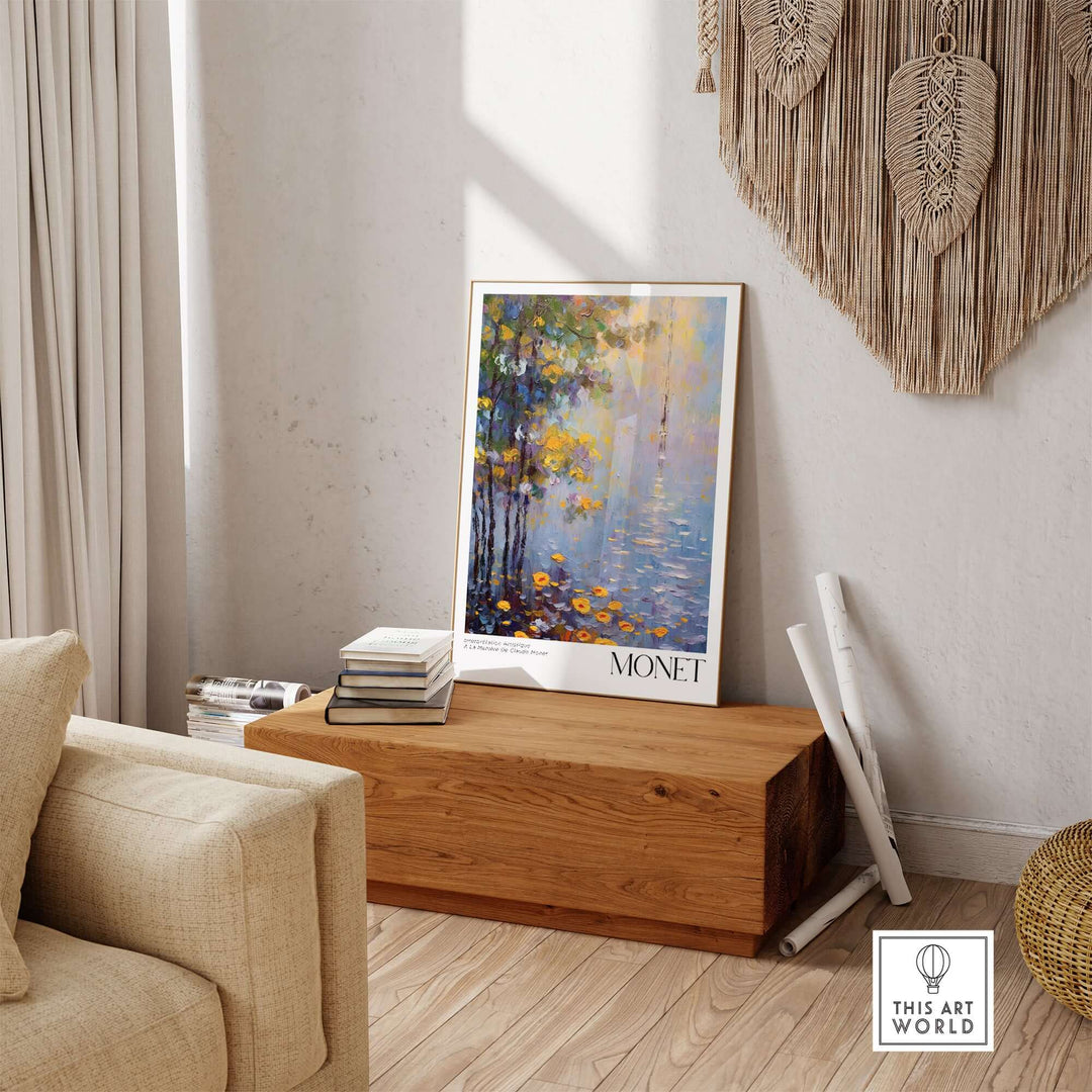 Claude Monet art print displayed in a stylish living room, showcasing impressionist wall art elegance.