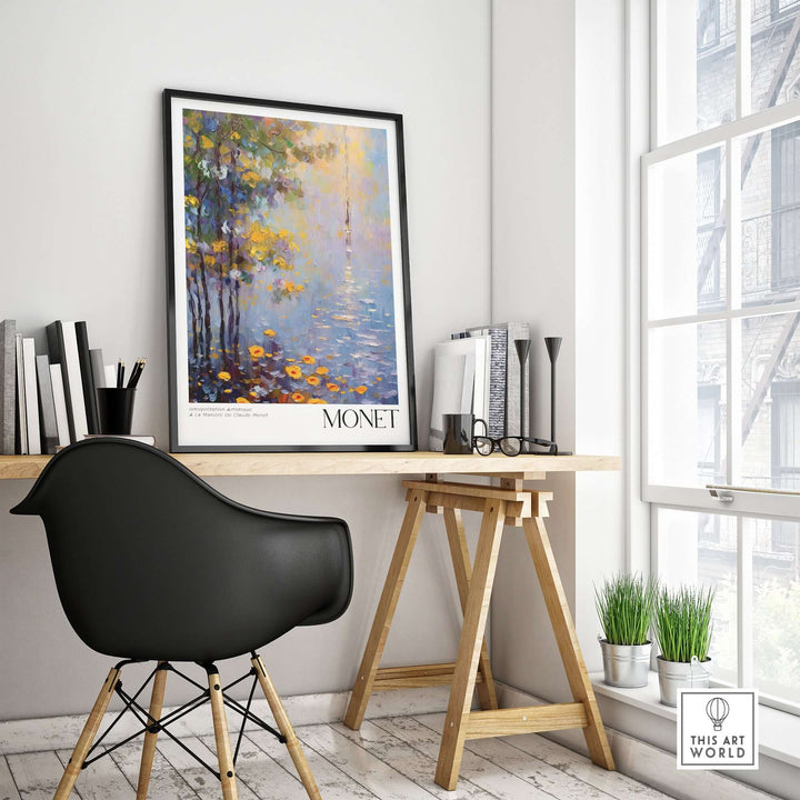 Claude Monet art print framed on a wall, showcasing impressionist style in a modern workspace with a desk and chair.