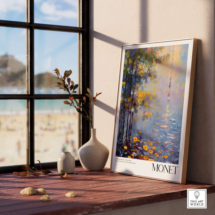 Claude Monet framed art print displayed on a windowsill, showcasing vibrant impressionist style and nature themes.