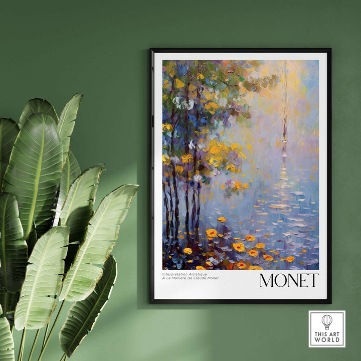 Claude Monet Art Print framed in a green room, showcasing impressionist style and nature's beauty.