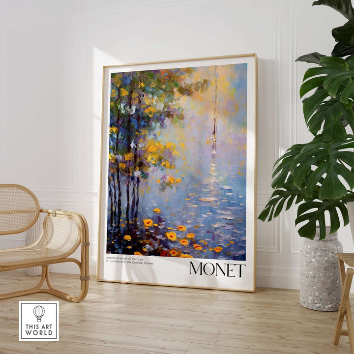 Claude Monet art print framed on wall, featuring impressionist style with vibrant colors and natural scenery.
