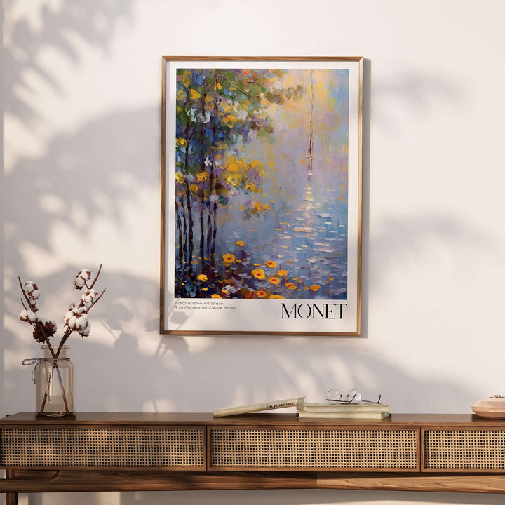 Claude Monet art print framed on a wall, featuring impressionist style with vibrant colors and serene water scene.